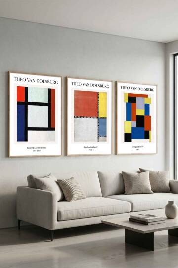 Theo Van Doesburg Modern Bauhaus Geometrik 3'lü Set Ünlü Sanat Eserleri Serisi Çerçeveli Tablo Salon ve Ofis Dekorasyonu - 6