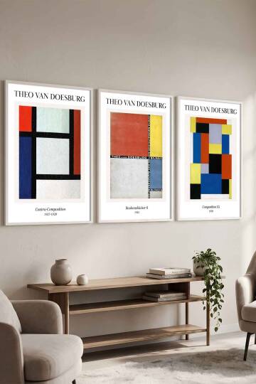 Theo Van Doesburg Modern Bauhaus Geometrik 3'lü Set Ünlü Sanat Eserleri Serisi Çerçeveli Tablo Salon ve Ofis Dekorasyonu - 7