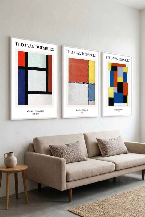 Theo Van Doesburg Modern Bauhaus Geometrik 3'lü Set Ünlü Sanat Eserleri Serisi Çerçeveli Tablo Salon ve Ofis Dekorasyonu - 9