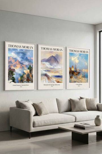 Thomas Moran Doğa Manzarası 3'lü Sanat Eseri Seti Çerçeveli Tablo Salon ve Ofis Dekorasyonu - 9