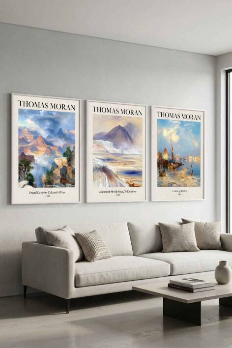 Thomas Moran Doğa Manzarası 3'lü Sanat Eseri Seti Çerçeveli Tablo Salon ve Ofis Dekorasyonu - 9