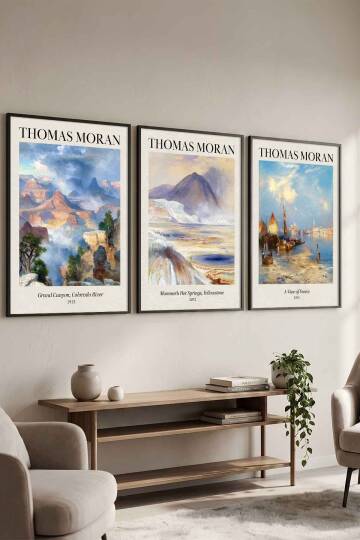 Thomas Moran Doğa Manzarası 3'lü Sanat Eseri Seti Çerçeveli Tablo Salon ve Ofis Dekorasyonu Siyah
