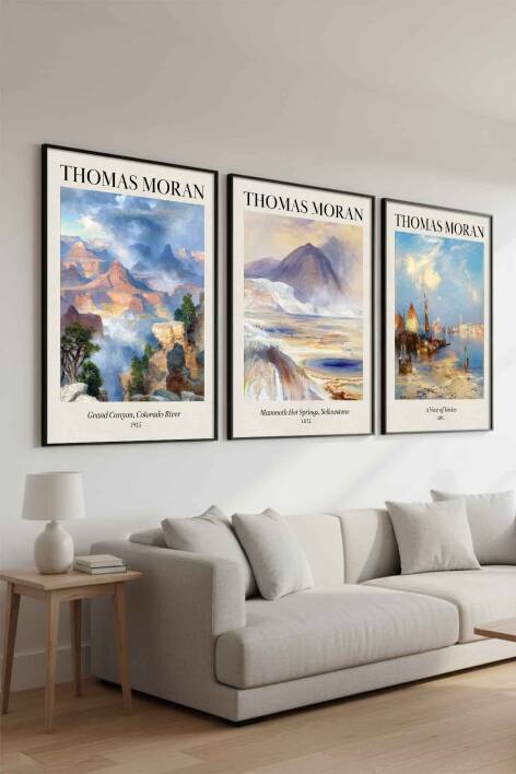 Thomas Moran Doğa Manzarası 3'lü Sanat Eseri Seti Çerçeveli Tablo Salon ve Ofis Dekorasyonu - 5