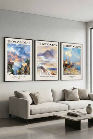 Thomas Moran Doğa Manzarası 3'lü Sanat Eseri Seti Çerçeveli Tablo Salon ve Ofis Dekorasyonu - 6