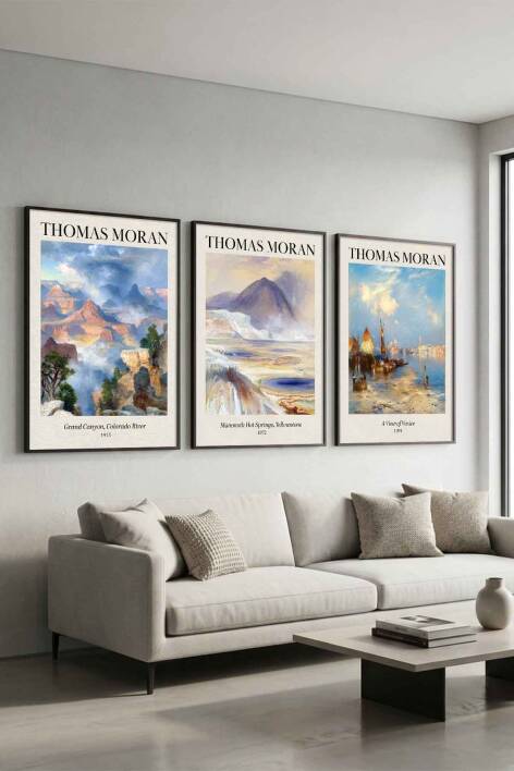 Thomas Moran Doğa Manzarası 3'lü Sanat Eseri Seti Çerçeveli Tablo Salon ve Ofis Dekorasyonu - 6
