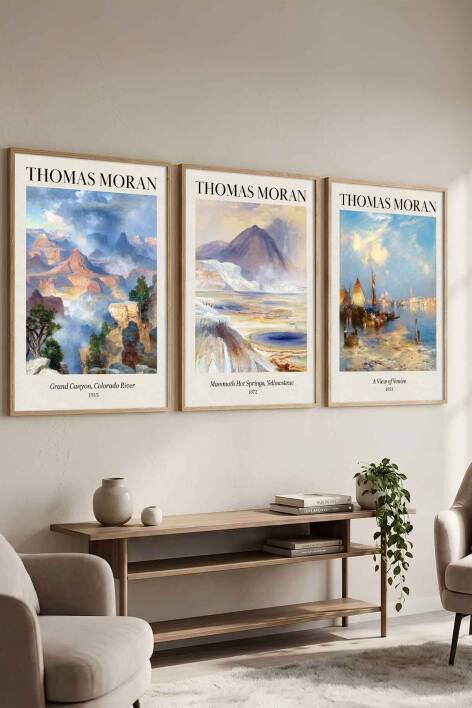 Thomas Moran Doğa Manzarası 3'lü Sanat Eseri Seti Çerçeveli Tablo Salon ve Ofis Dekorasyonu - 1