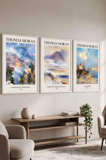 Thomas Moran Doğa Manzarası 3'lü Sanat Eseri Seti Çerçeveli Tablo Salon ve Ofis Dekorasyonu Beyaz