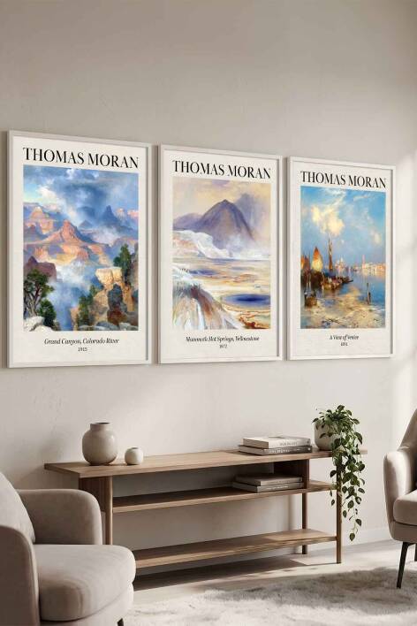 Thomas Moran Doğa Manzarası 3'lü Sanat Eseri Seti Çerçeveli Tablo Salon ve Ofis Dekorasyonu - 7
