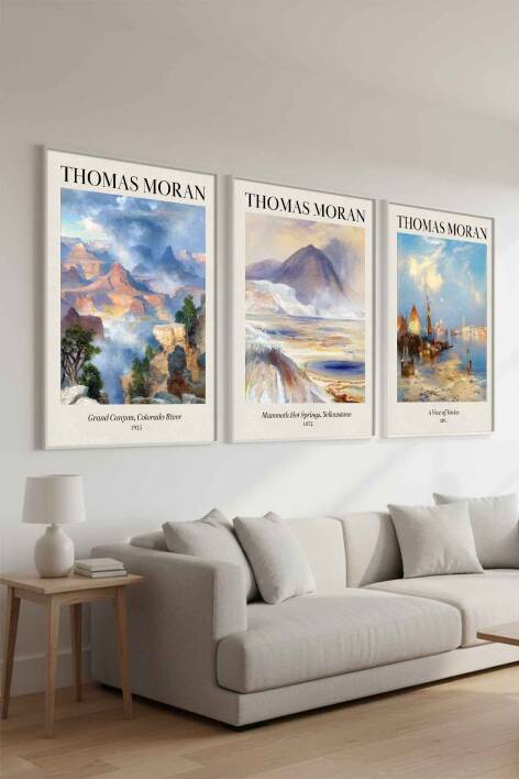 Thomas Moran Doğa Manzarası 3'lü Sanat Eseri Seti Çerçeveli Tablo Salon ve Ofis Dekorasyonu - 8