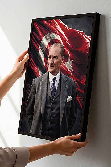 Türk Bayraklı Atatürk Portresi Çerçeveli İşyeri Hediye Tablo Ofis ve Salon Tablosu - 2