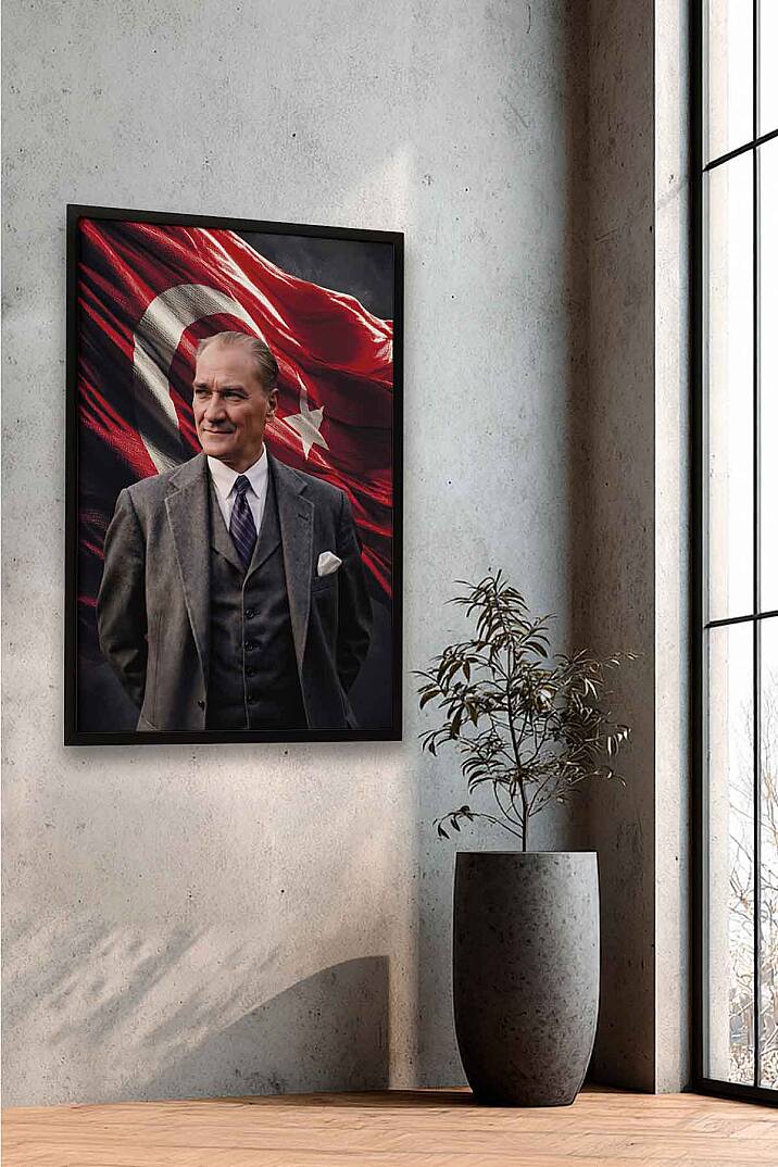 Türk Bayraklı Atatürk Portresi Çerçeveli İşyeri Hediye Tablo Ofis ve Salon Tablosu - 3