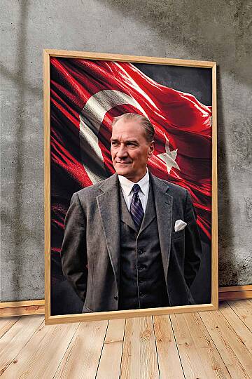 Türk Bayraklı Atatürk Portresi Çerçeveli İşyeri Hediye Tablo Ofis ve Salon Tablosu Doğal Ahşap