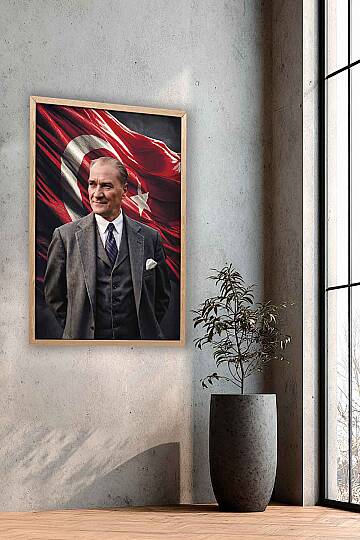 Türk Bayraklı Atatürk Portresi Çerçeveli İşyeri Hediye Tablo Ofis ve Salon Tablosu - 6