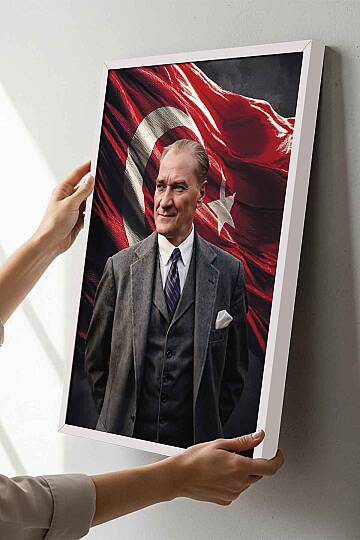 Türk Bayraklı Atatürk Portresi Çerçeveli İşyeri Hediye Tablo Ofis ve Salon Tablosu - 8