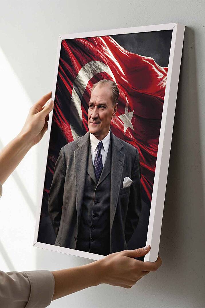Türk Bayraklı Atatürk Portresi Çerçeveli İşyeri Hediye Tablo Ofis ve Salon Tablosu - 8