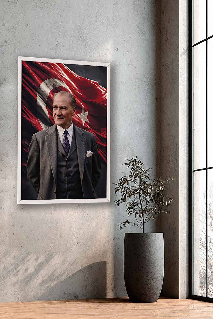 Türk Bayraklı Atatürk Portresi Çerçeveli İşyeri Hediye Tablo Ofis ve Salon Tablosu - 9