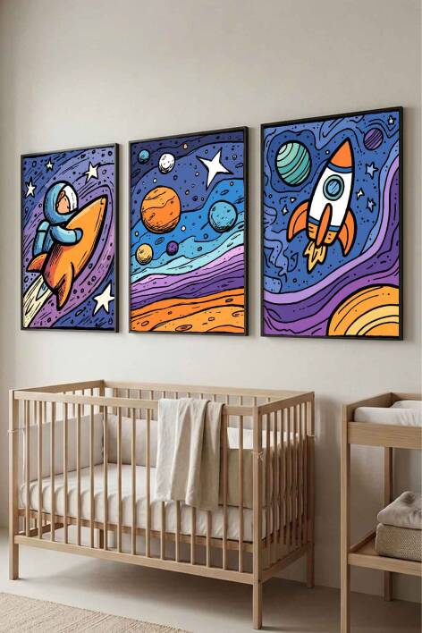 Uzay Temalı Astronot ve Roket Desenli 3'lü Çerçeveli Tablo Seti Çocuk ve Bebek Odası Dekoru - 4
