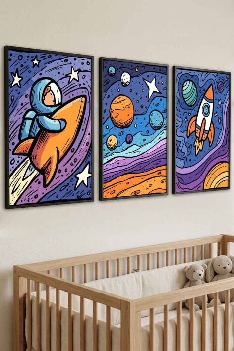 Uzay Temalı Astronot ve Roket Desenli 3'lü Çerçeveli Tablo Seti Çocuk ve Bebek Odası Dekoru - 5