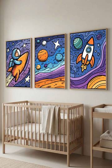 Uzay Temalı Astronot ve Roket Desenli 3'lü Çerçeveli Tablo Seti Çocuk ve Bebek Odası Dekoru