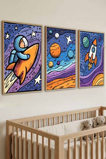 Uzay Temalı Astronot ve Roket Desenli 3'lü Çerçeveli Tablo Seti Çocuk ve Bebek Odası Dekoru - 2