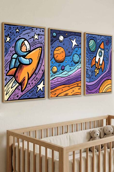 Uzay Temalı Astronot ve Roket Desenli 3'lü Çerçeveli Tablo Seti Çocuk ve Bebek Odası Dekoru - 2