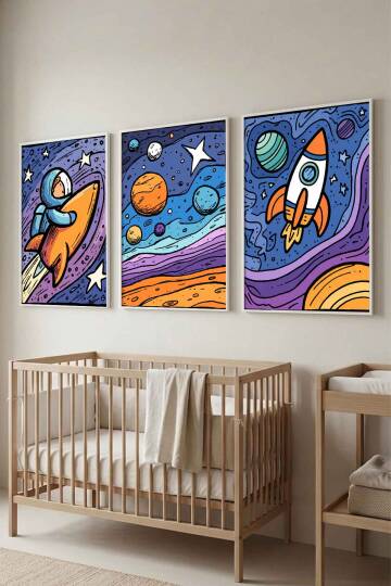 Uzay Temalı Astronot ve Roket Desenli 3'lü Çerçeveli Tablo Seti Çocuk ve Bebek Odası Dekoru - 8