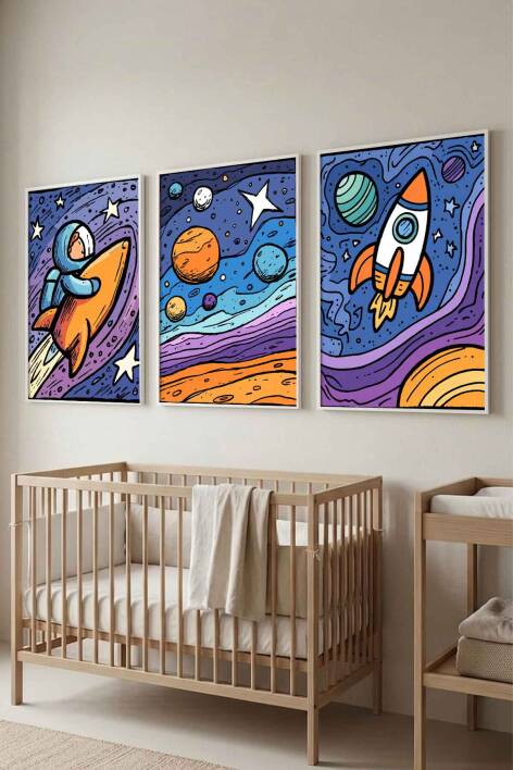 Uzay Temalı Astronot ve Roket Desenli 3'lü Çerçeveli Tablo Seti Çocuk ve Bebek Odası Dekoru - 8