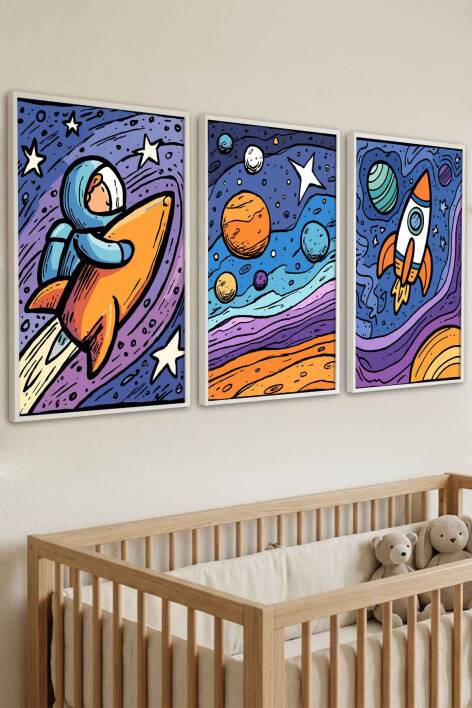 Uzay Temalı Astronot ve Roket Desenli 3'lü Çerçeveli Tablo Seti Çocuk ve Bebek Odası Dekoru - 9