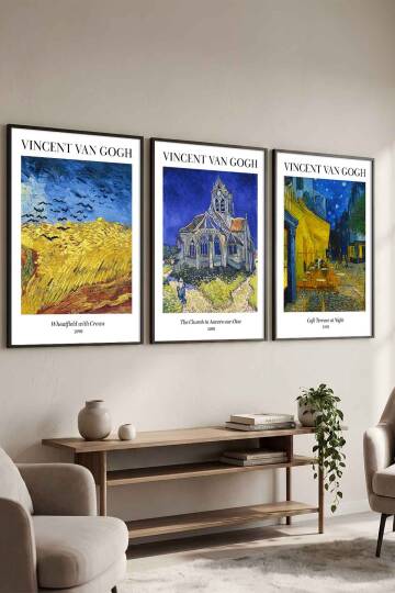 Van Gogh Ünlü Eserler Serisi 3'lü Set Çerçeveli Tablo Salon ve Ofis Dekorasyonu - 1