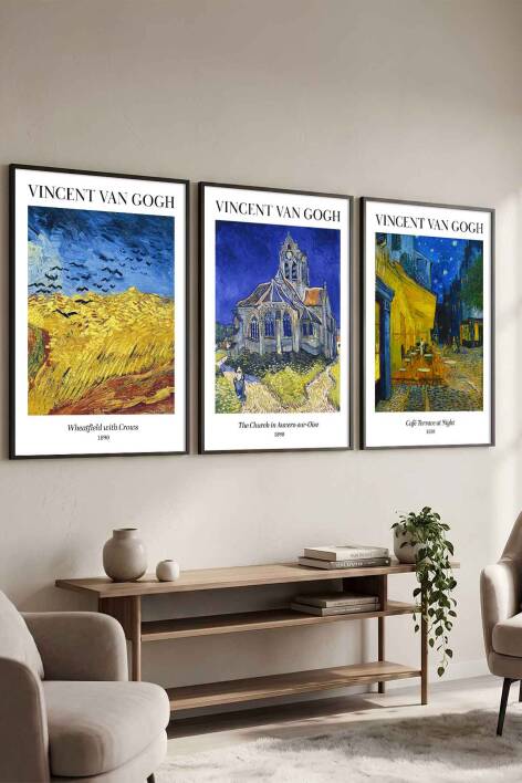 Van Gogh Ünlü Eserler Serisi 3'lü Set Çerçeveli Tablo Salon ve Ofis Dekorasyonu - 1