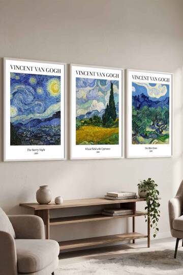 Vincent Van Gogh 3'lü Tablo Seti Ünlü Eserler Siyah Çerçeveli Salon ve Ofis Dekorasyonu - 7