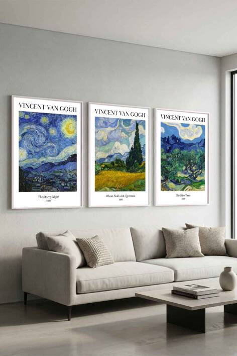 Vincent Van Gogh 3'lü Tablo Seti Ünlü Eserler Siyah Çerçeveli Salon ve Ofis Dekorasyonu - 9