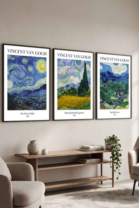Vincent Van Gogh 3'lü Tablo Seti Ünlü Eserler Siyah Çerçeveli Salon ve Ofis Dekorasyonu - 2