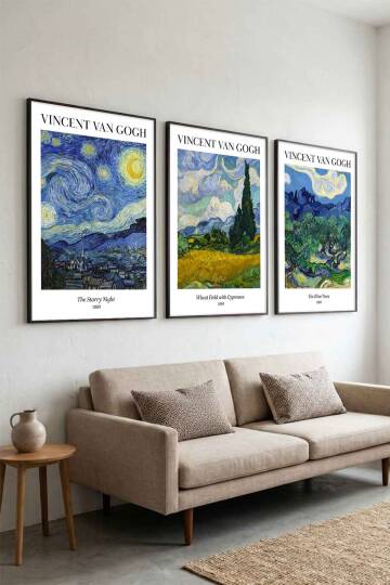 Vincent Van Gogh 3'lü Tablo Seti Ünlü Eserler Siyah Çerçeveli Salon ve Ofis Dekorasyonu - 3