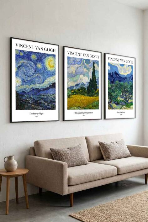 Vincent Van Gogh 3'lü Tablo Seti Ünlü Eserler Siyah Çerçeveli Salon ve Ofis Dekorasyonu - 3