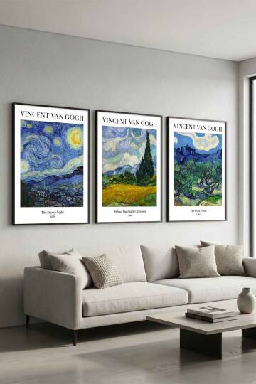 Vincent Van Gogh 3'lü Tablo Seti Ünlü Eserler Siyah Çerçeveli Salon ve Ofis Dekorasyonu - 1