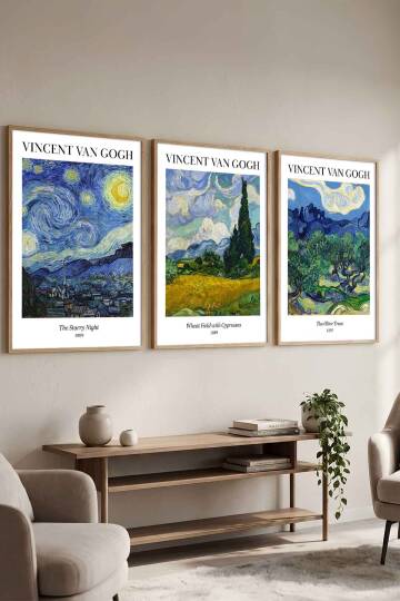 Vincent Van Gogh 3'lü Tablo Seti Ünlü Eserler Siyah Çerçeveli Salon ve Ofis Dekorasyonu - 4