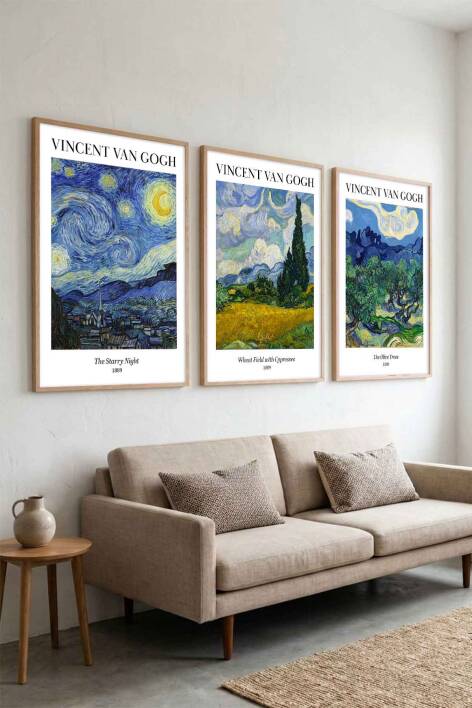 Vincent Van Gogh 3'lü Tablo Seti Ünlü Eserler Siyah Çerçeveli Salon ve Ofis Dekorasyonu - 5
