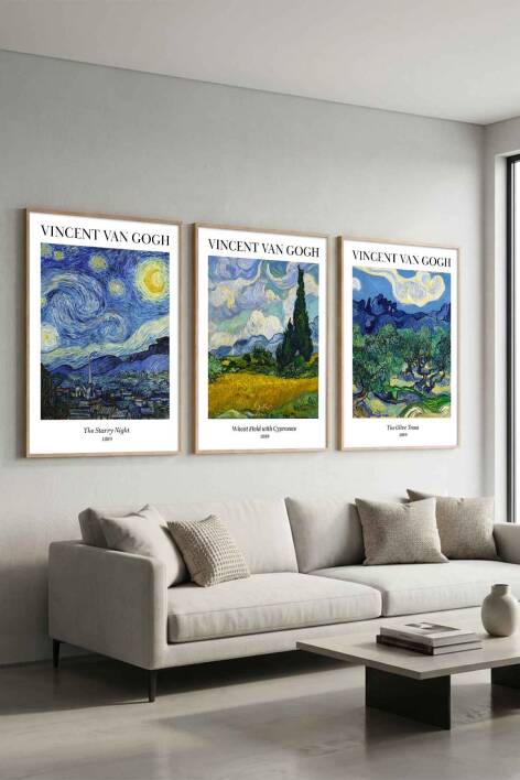 Vincent Van Gogh 3'lü Tablo Seti Ünlü Eserler Siyah Çerçeveli Salon ve Ofis Dekorasyonu - 6