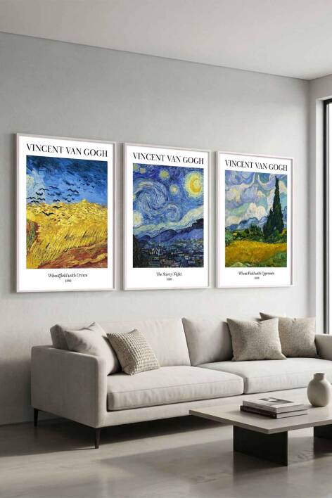 Vincent Van Gogh Ünlü Sanat Eseri Serisi 3'lü Set Çerçeveli Tablo Salon ve Ofis Dekorasyonu - 8