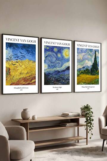 Vincent Van Gogh Ünlü Sanat Eseri Serisi 3'lü Set Çerçeveli Tablo Salon ve Ofis Dekorasyonu Siyah