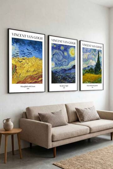 Vincent Van Gogh Ünlü Sanat Eseri Serisi 3'lü Set Çerçeveli Tablo Salon ve Ofis Dekorasyonu - 2