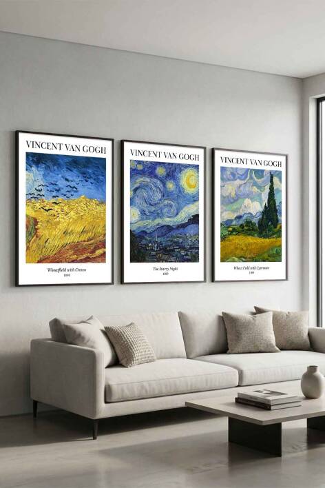 Vincent Van Gogh Ünlü Sanat Eseri Serisi 3'lü Set Çerçeveli Tablo Salon ve Ofis Dekorasyonu - 3