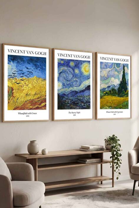 Vincent Van Gogh Ünlü Sanat Eseri Serisi 3'lü Set Çerçeveli Tablo Salon ve Ofis Dekorasyonu - 4