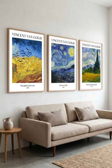 Vincent Van Gogh Ünlü Sanat Eseri Serisi 3'lü Set Çerçeveli Tablo Salon ve Ofis Dekorasyonu - 5