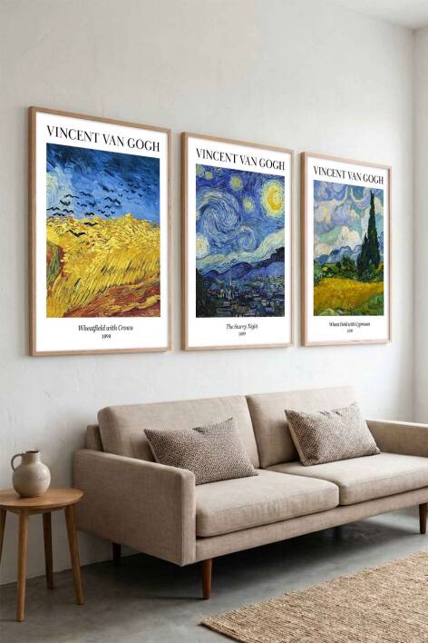 Vincent Van Gogh Ünlü Sanat Eseri Serisi 3'lü Set Çerçeveli Tablo Salon ve Ofis Dekorasyonu - 5