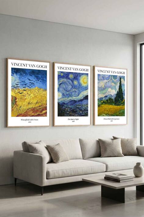 Vincent Van Gogh Ünlü Sanat Eseri Serisi 3'lü Set Çerçeveli Tablo Salon ve Ofis Dekorasyonu - 6