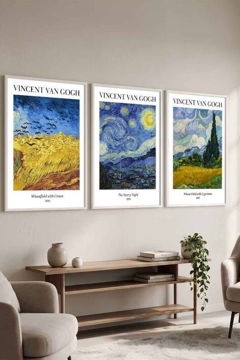 Vincent Van Gogh Ünlü Sanat Eseri Serisi 3'lü Set Çerçeveli Tablo Salon ve Ofis Dekorasyonu - 7