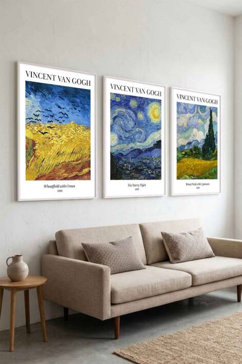 Vincent Van Gogh Ünlü Sanat Eseri Serisi 3'lü Set Çerçeveli Tablo Salon ve Ofis Dekorasyonu - 9