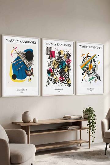 Wassily Kandinsky Küçük Dünyalar 3'lü Set Ünlü Sanatçılar Serisi Çerçeveli Tablo Salon ve Ofis Dekoru Beyaz